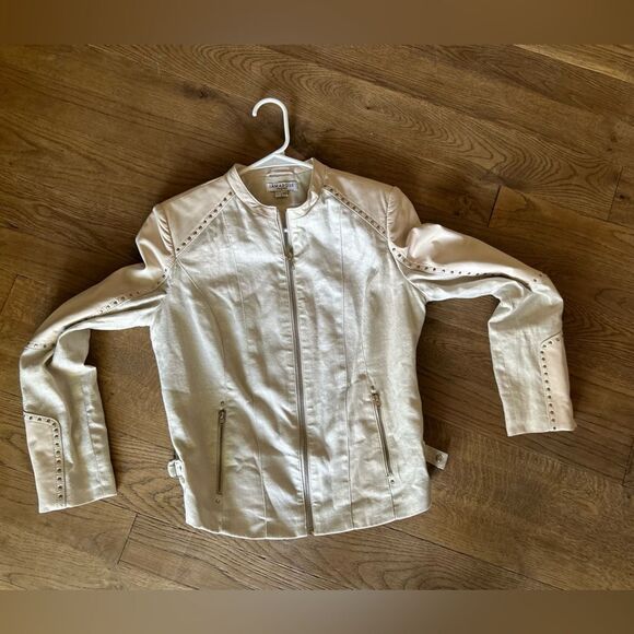 New LaMarque Tan Leather Linen moto biker studded zips Jacket small - Picture 12 of 13